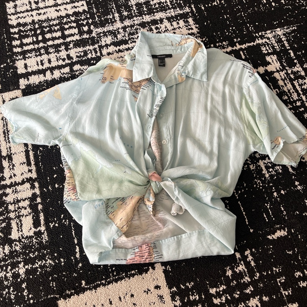 Light Blue Map Print Button-Up Shirt